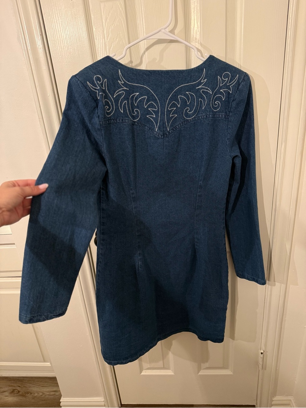 Embroidered Dark Blue Denim Button-Front Tunic Dress - Picture 3 of 3